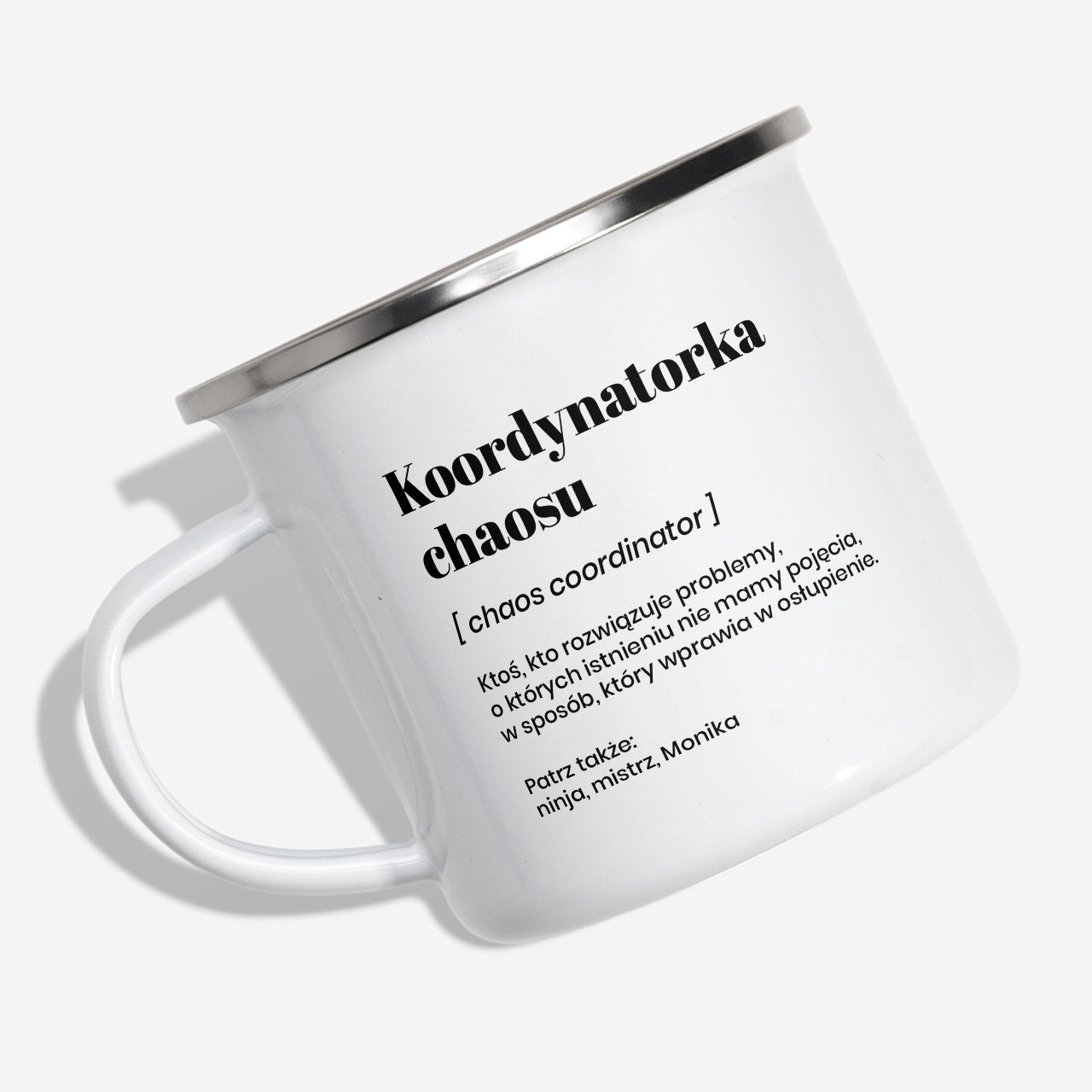 Emaliowany kubek Koordynatorka Chaosu prezent dla koleżanki z pracy personalizowany kubek dla koleżanki
