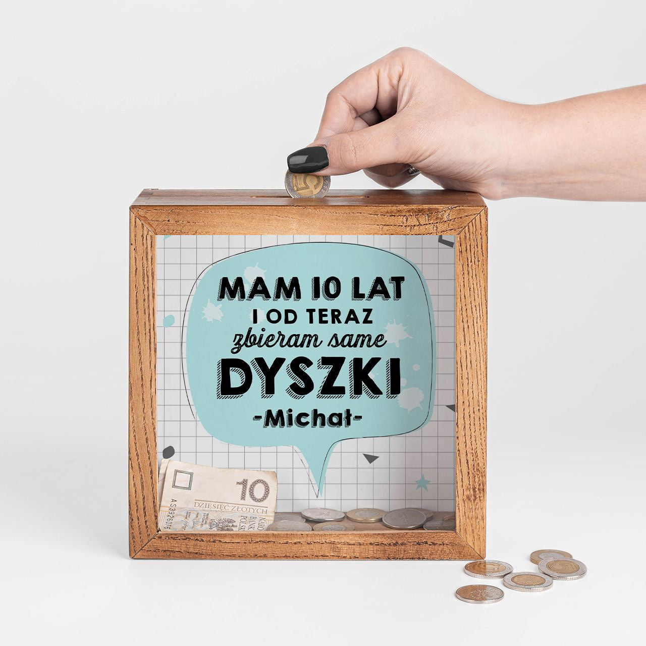 Duża skarbonka dla dziecka Zbieram same dyszki - prezent dla 10-latka