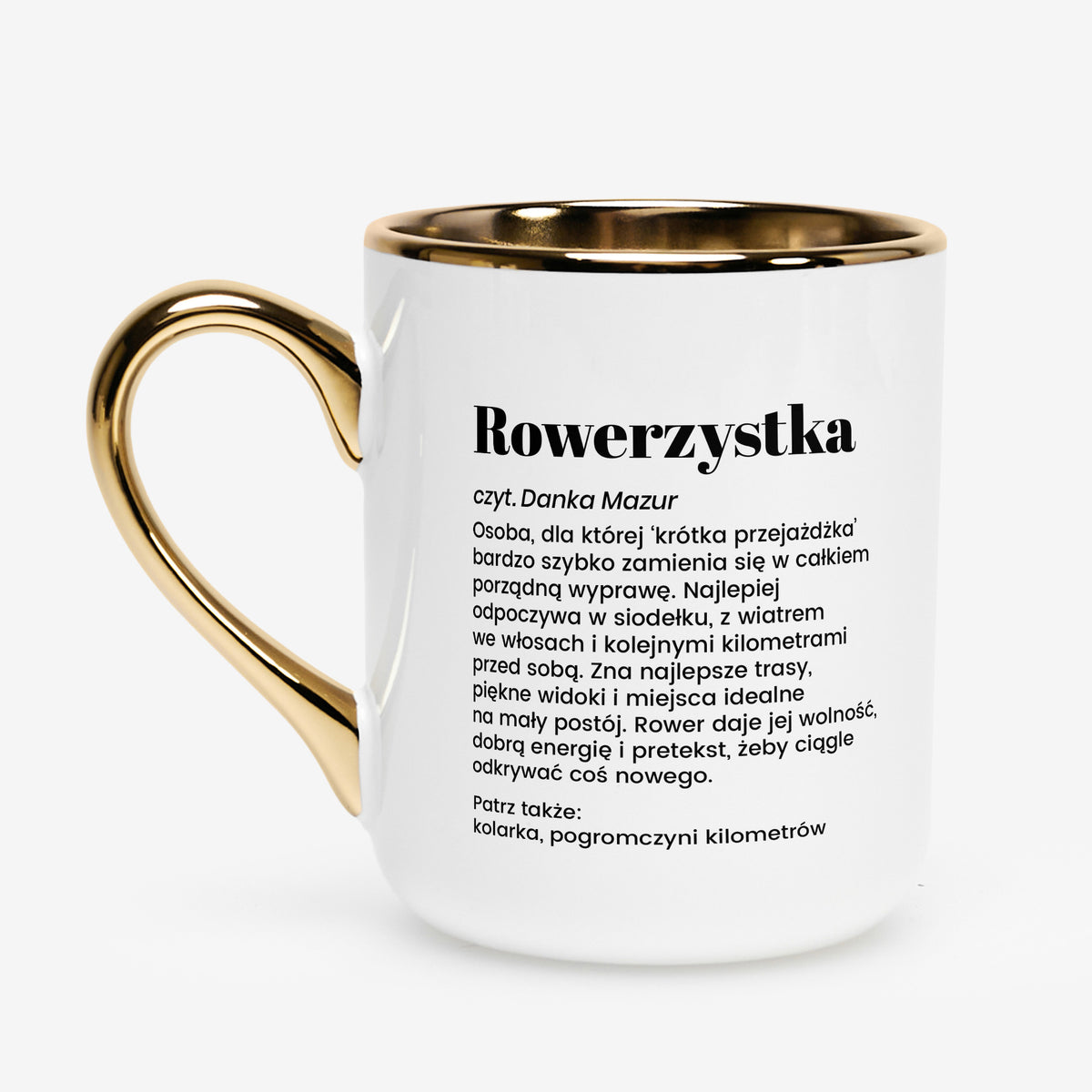 Kubek biało-złoty dla rowerzystki - prezent dla kolarza