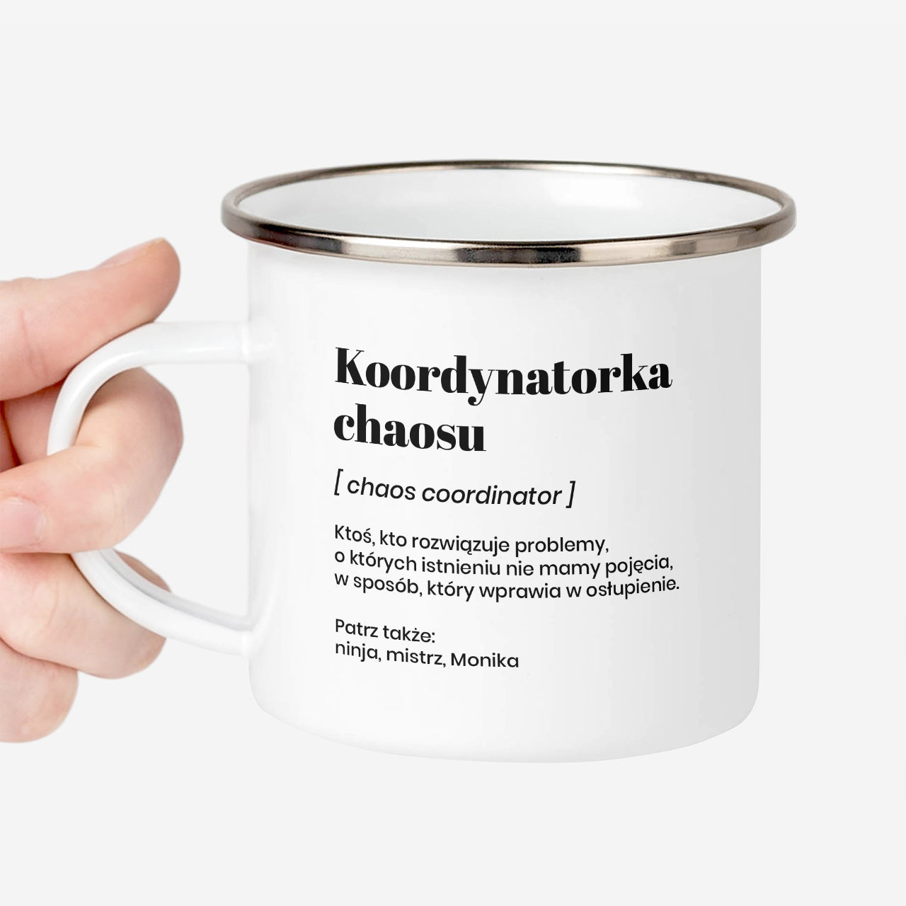 Emaliowany kubek Koordynatorka Chaosu prezent dla koleżanki z pracy personalizowany kubek dla koleżanki