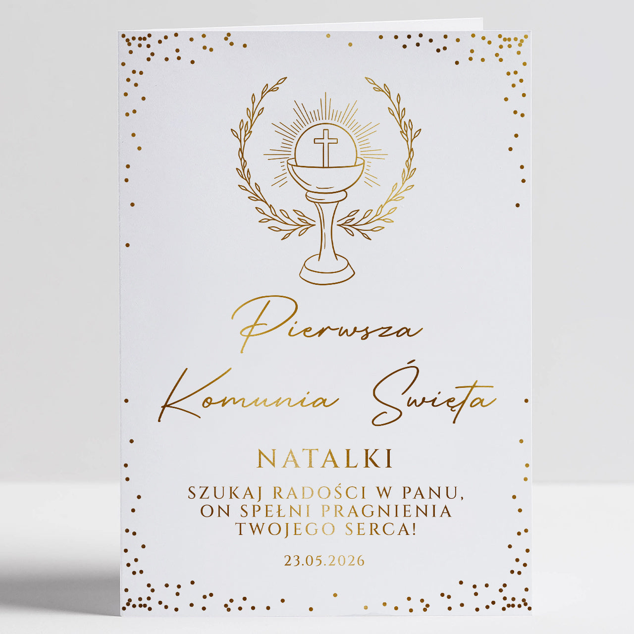 Kartka ze złoceniem na Komunię Świętą elegancka kartka komunijna upominek na komunię