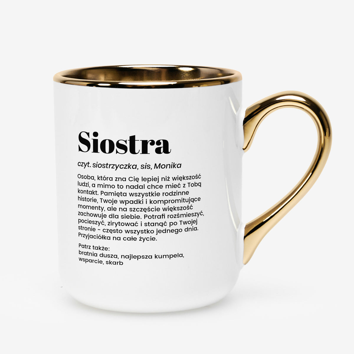 Personalizowana biało-złoty kubek dla siostry